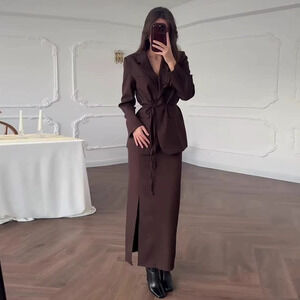 Forever 21 Dark Brown Lapel Tie Slit Skirt Set